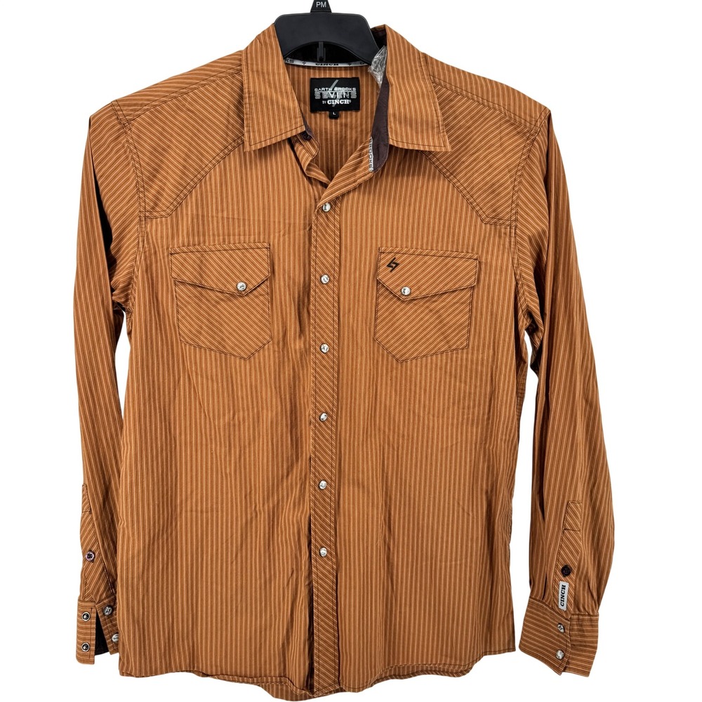 Garth Brooks Sevens by Cinch Western Shirt Mens L Brown Pinstripe Pearl Snap